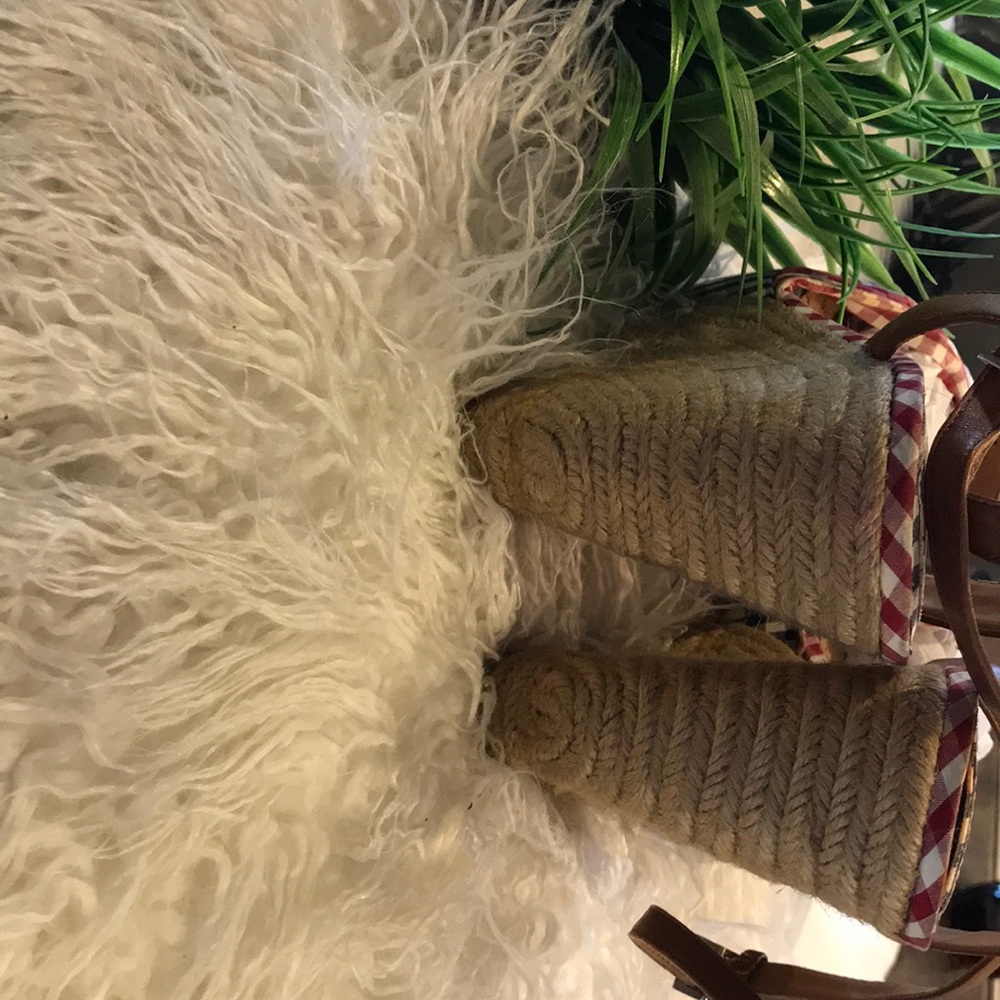 GIANNI BINI Red/Blue Checkered Ankle Wrap Wedges - Picture 5 of 7